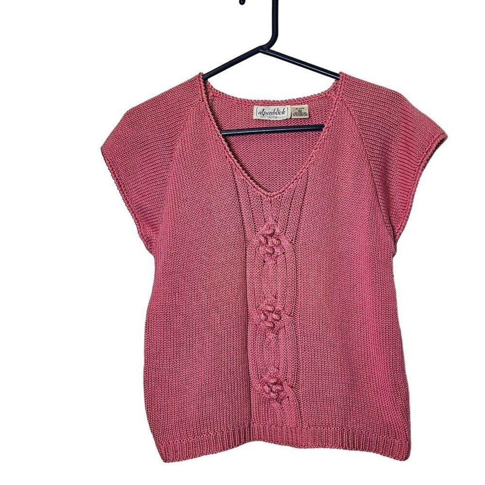 Vintage Alpenblick Pink Knit Bobbles Cable Sweater Top Cotton Size 36 S Womens